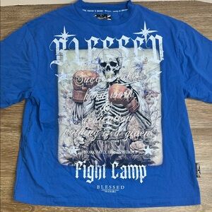 Blessed “Do Good Fight Camp” Graphic T-Shirt – Blue Skeleton Boxing Tee Size L